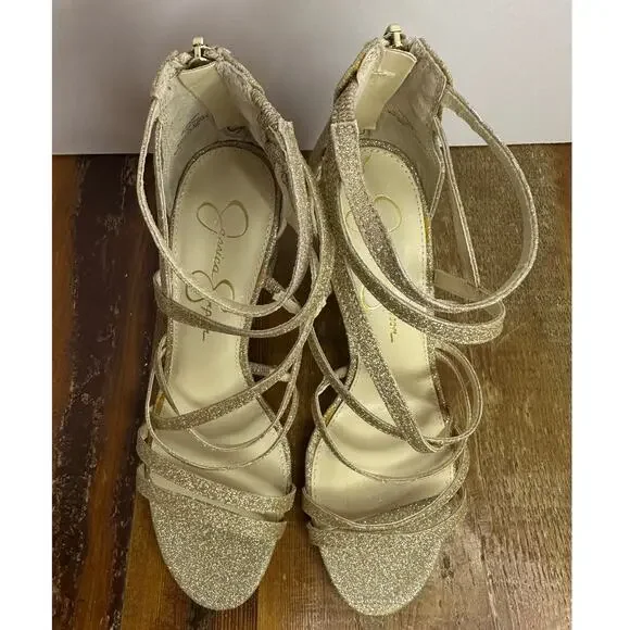 Jessica Simpson Women's Stassey Sandal Gold Glitter Size 7.5 Glam Evening Heels - Picture 3 of 11